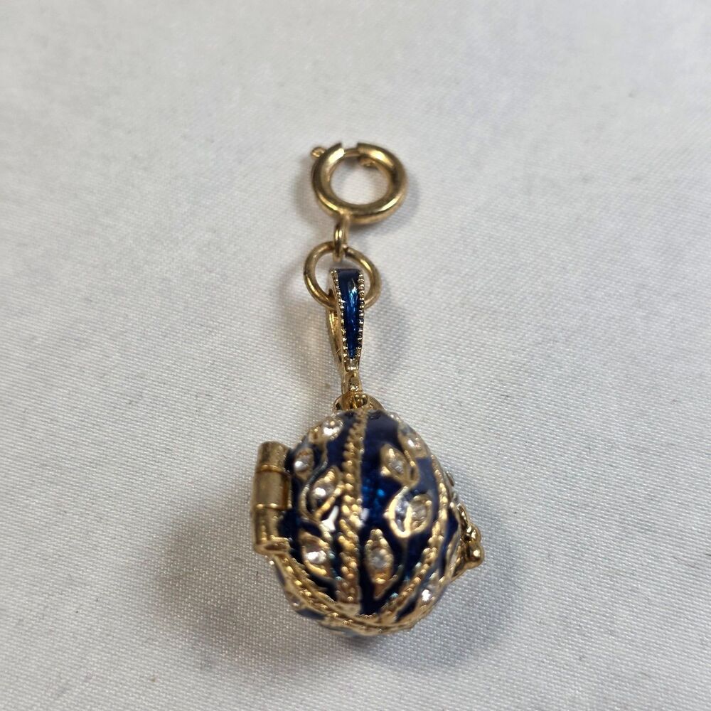 Landau Russian Style Cobalt Blue Enamel Rhinestone Egg Charm Pendant